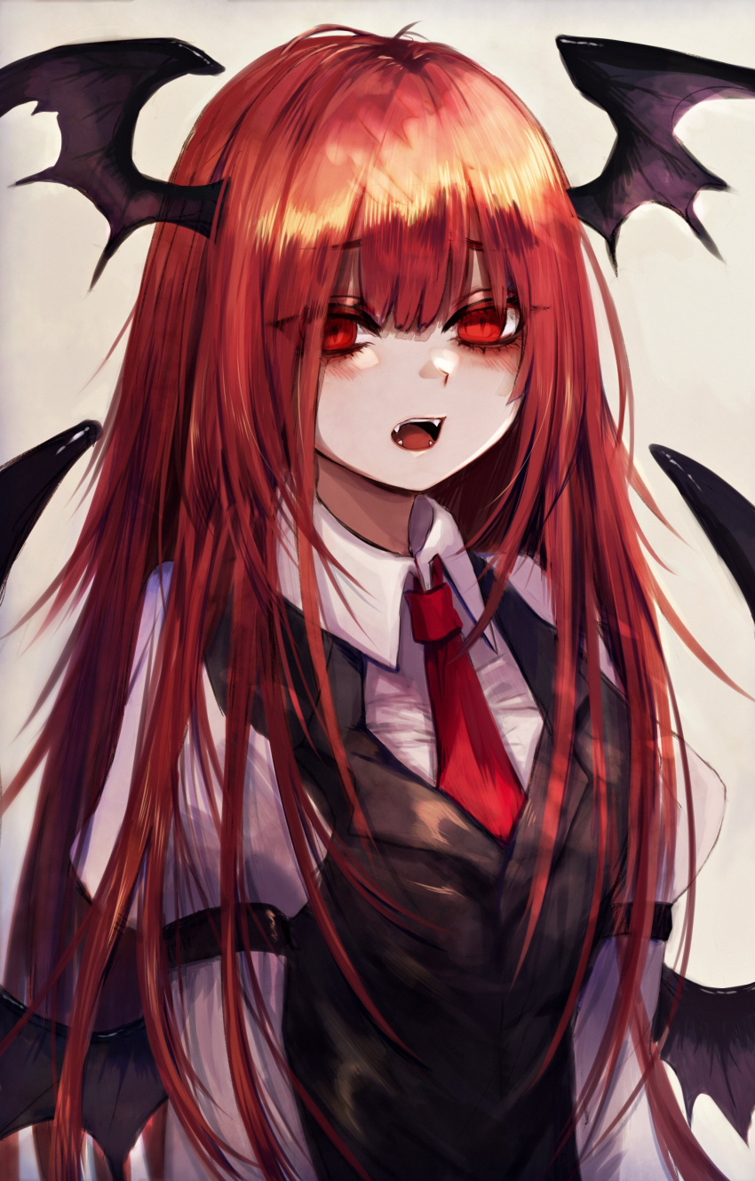 1girl absurdres bangs black_vest blush commentary demon_wings eyebrows_visible_through_hair grey_background hair_between_eyes head_wings highres juliet_sleeves koakuma long_hair long_sleeves looking_at_viewer maho_moco necktie open_mouth puffy_sleeves red_eyes red_neckwear redhead shirt simple_background solo touhou upper_body vest white_shirt wings