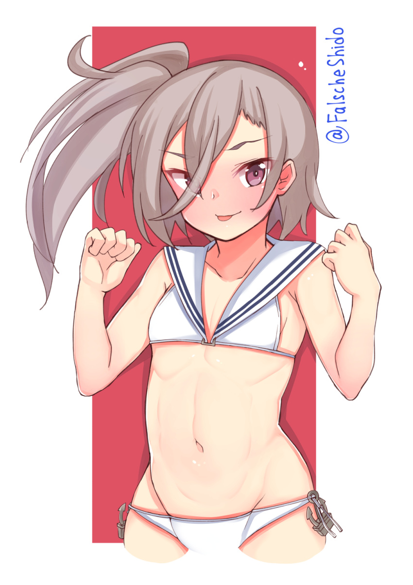 1girl :p alternate_costume anchor artist_name azur_lane bangs bare_arms bare_shoulders bikini bikini_top blush eyebrows_visible_through_hair falsche.shido grey_hair hair_between_eyes highres kantai_collection long_hair looking_at_viewer naughty_face navel sailor_bikini sailor_collar side_ponytail simple_background smile solo standing swimsuit tongue tongue_out twitter_username violet_eyes z1_leberecht_maass_(azur_lane) z1_leberecht_maass_(kantai_collection)