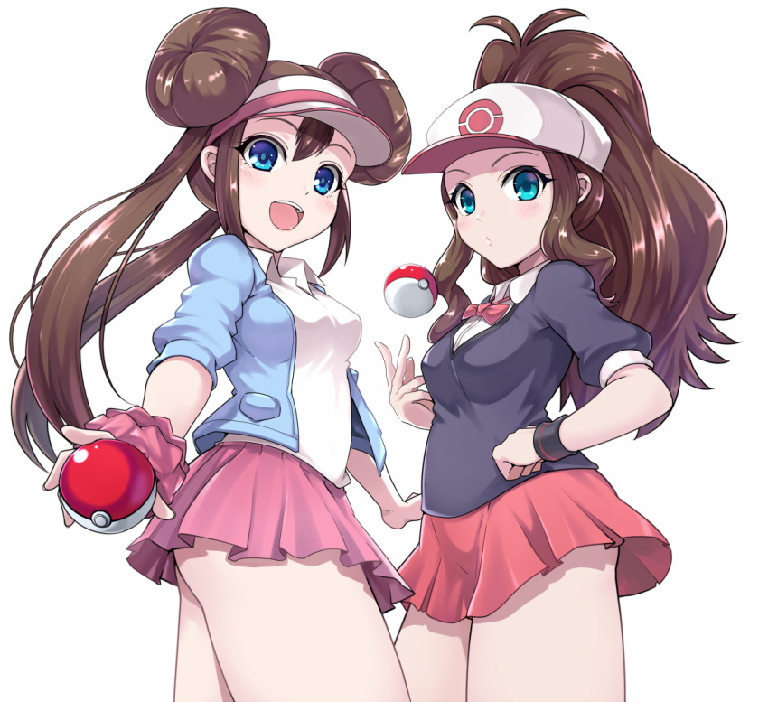 2girls alternate_costume blue_eyes brown_hair kasai_shin low_twintails mei_(pokemon) multiple_girls pokemon pokemon_(game) pokemon_bw pokemon_bw2 ponytail skirt touko_(pokemon) twintails