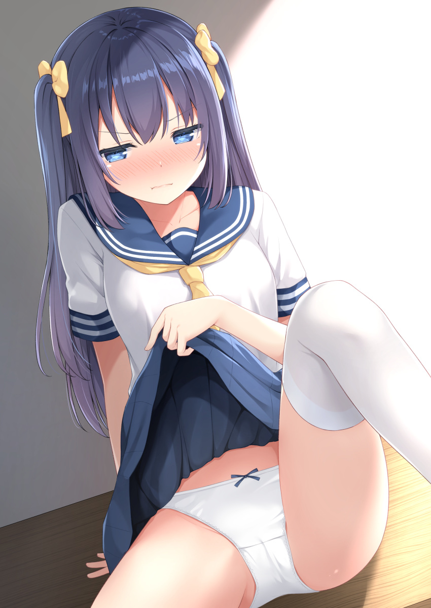 1girl absurdres arm_at_side arm_support bangs blue_bow blue_eyes blue_hair blue_sailor_collar blue_skirt blush bow bow_panties breasts closed_mouth collarbone eyebrows_visible_through_hair flashing gradient gradient_hair groin hair_ribbon highres karutamo knee_up lifted_by_self long_hair multicolored_hair neckerchief non-web_source nose_blush original panties pleated_skirt purple_hair reclining ribbon sailor_collar shirt short_sleeves sidelocks sitting skirt small_breasts solo thigh-highs underwear white_legwear white_panties white_shirt yellow_neckwear yellow_ribbon