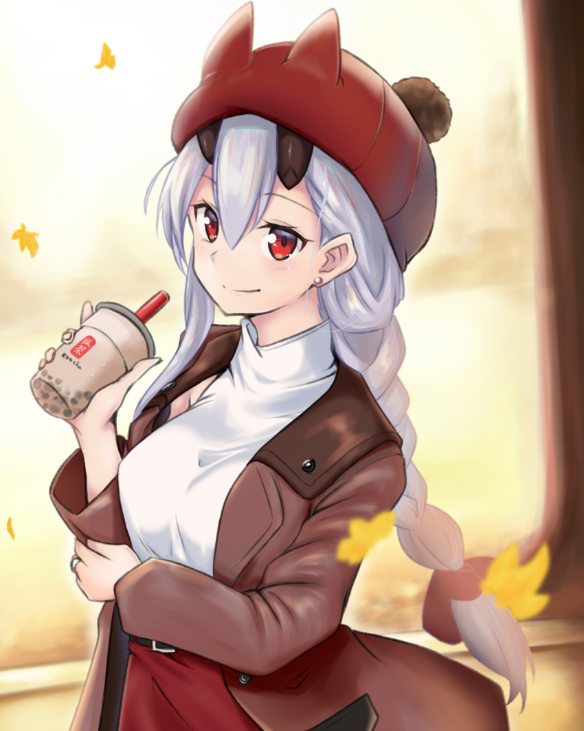 1girl belt black_horns braid breasts brown_coat bubble_tea coat commentary_request cup drinking_straw earrings fate/grand_order fate_(series) hair_between_eyes hair_ribbon hat highres holding holding_cup horns horns_through_headwear jewelry large_breasts leaf long_hair looking_at_viewer maple_leaf oni_horns red_eyes red_headwear red_ribbon red_skirt ribbon ring silver_hair single_braid single_sidelock skirt smile solo stud_earrings sweater tachi_(mtd) tomoe_gozen_(fate/grand_order) tree turtleneck turtleneck_sweater wedding_band white_sweater