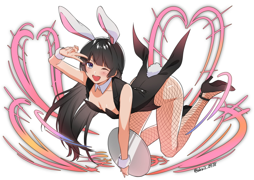 1girl absurdres animal_ears black_hair braid fishnets highres kujou_(akn2_0928) long_hair looking_at_viewer nijisanji open_mouth rabbit_ears smile tsukino_mito twitter_username v