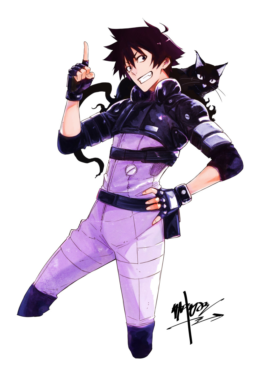 1boy absurdres ahoge animal black_eyes black_gloves black_hair black_torch cat fingerless_gloves gloves hair_between_eyes hand_on_hip highres jiro_azuma_(black_torch) male_focus pouch signature simple_background sleeves_rolled_up smile teeth tsuyoshi_takaki white_background