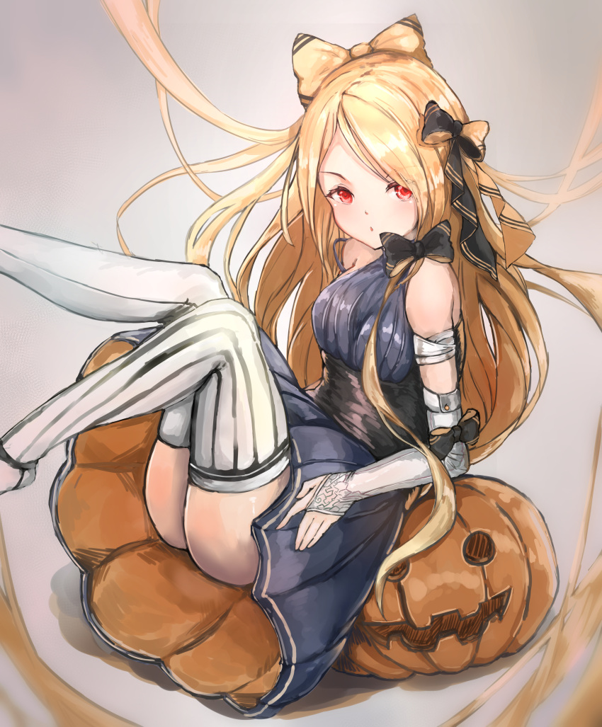 1girl abigail_williams_(fate/grand_order) absurdres ass bandaged_arm bandages bangs bare_shoulders black_bow black_dress black_ribbon blonde_hair blush bow breasts bridal_gauntlets dress envelolip fate/grand_order fate_(series) forehead hair_bow halloween highres jack-o'-lantern leaning_back legs_up long_hair looking_at_viewer open_mouth orange_bow orange_ribbon parted_bangs pumpkin red_eyes ribbon sash small_breasts solo thigh-highs thighs two-tone_bow two-tone_ribbon very_long_hair white_legwear