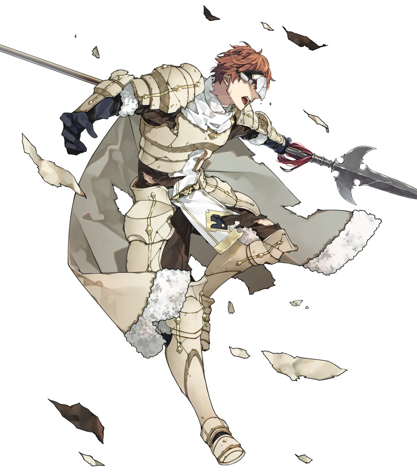 1boy 88_taho armor armored_boots boots brown_eyes cape conrad_(fire_emblem) fire_emblem fire_emblem_echoes:_shadows_of_valentia fire_emblem_heroes full_body fur_trim gloves highres mask official_art open_mouth orange_hair polearm scarf solo spear teeth torn_clothes transparent_background weapon