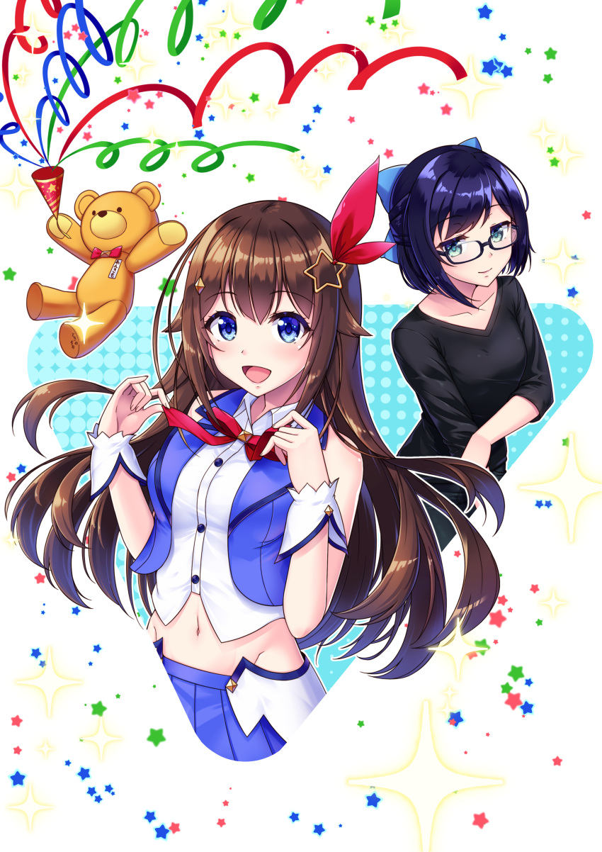 2girls absurdres ankimo_(tokino_sora_channel) bangs bare_shoulders black-framed_eyewear black_shirt black_sleeves blue_eyes blue_hair bow bowtie brown_hair buttons collarbone detached_sleeves eyebrows_visible_through_hair glasses groin hair_bow hair_ornament highres hololive long_hair looking_at_viewer midriff mikannsisyou multiple_girls navel open_mouth party_popper red_neckwear shirt star star_hair_ornament streamers stuffed_animal stuffed_toy teddy_bear tokino_sora tokino_sora_channel tongue virtual_youtuber yuujin_a_(tokino_sora_channel)