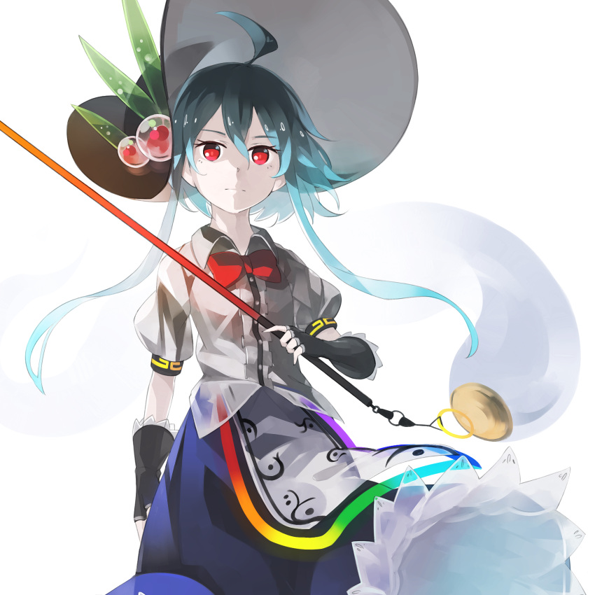 1girl adapted_costume ahoge alternate_hairstyle apron black_gloves blue_hair blue_skirt commentary fingerless_gloves frills gloves hat hat_ornament highres hinanawi_tenshi holding holding_sword holding_weapon long_hair looking_at_viewer o_(crazyoton46) rainbow_order red_eyes shirt short_sleeves skirt solo sword sword_of_hisou tassel touhou weapon white_background white_shirt