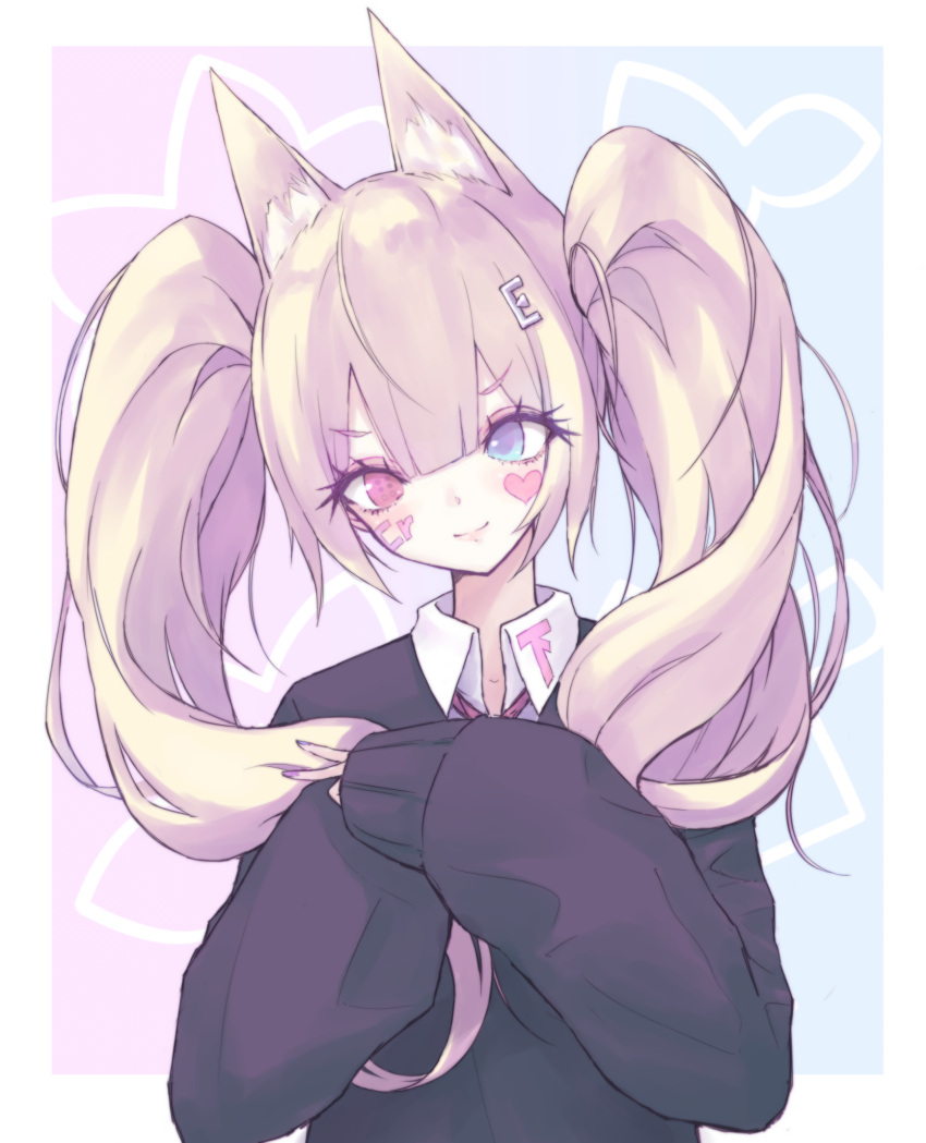 1girl animal_ear_fluff animal_ears bangs black_sweater blonde_hair blue_eyes blunt_bangs blush border buran_(kure) closed_mouth collared_shirt commentary_request eyebrows_visible_through_hair facial_mark fingernails fox_ears gradient gradient_background hair_between_eyes hair_ornament head_tilt heart heterochromia highres long_hair long_sleeves looking_at_viewer nail_polish original puffy_long_sleeves puffy_sleeves purple_nails red_eyes school_uniform shirt sleeves_past_wrists smile solo sweater symbol-shaped_pupils twintails two-tone_background upper_body v white_border white_shirt