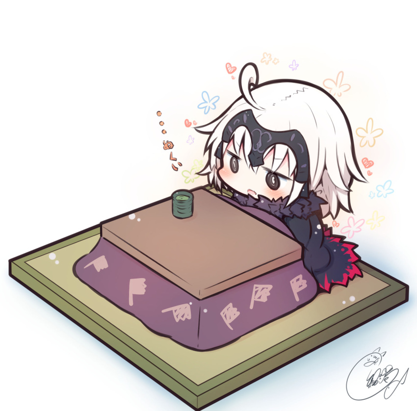 1girl ahoge bangs beni_shake black_cloak blush chibi cloak commentary_request cup eyebrows_visible_through_hair fate/grand_order fate_(series) floral_background fur-trimmed_cloak fur_trim hair_between_eyes headpiece highres jeanne_d'arc_(alter)_(fate) jeanne_d'arc_(fate)_(all) kotatsu long_hair looking_away open_mouth signature table teacup translated white_background white_hair yunomi