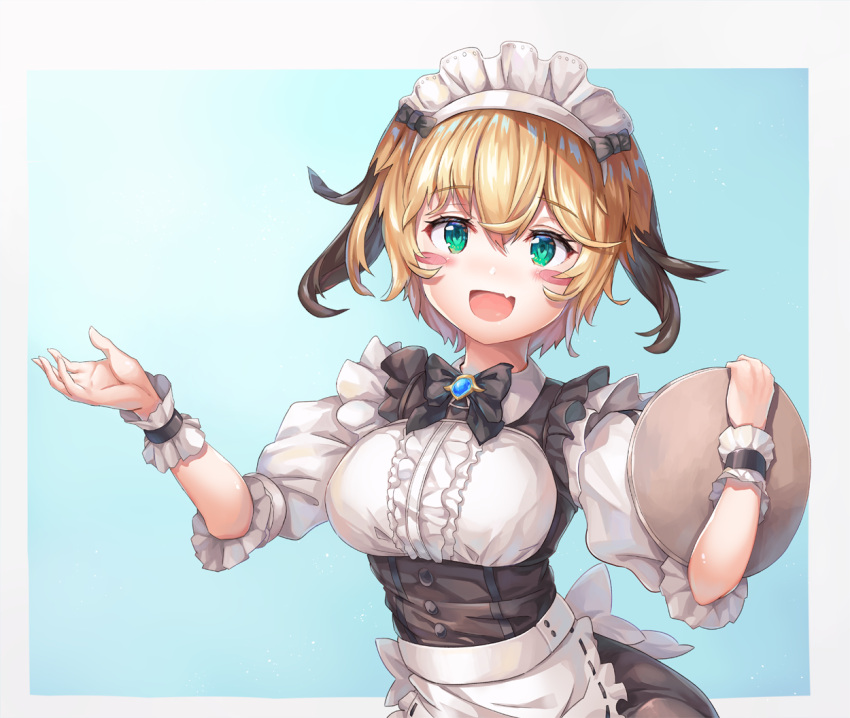 1girl apron blonde_hair blush_stickers bow bowtie breasts fang fate/grand_order fate_(series) gareth_(fate/grand_order) green_eyes jiang_shennong maid maid_apron maid_headdress medium_breasts tray wrist_cuffs