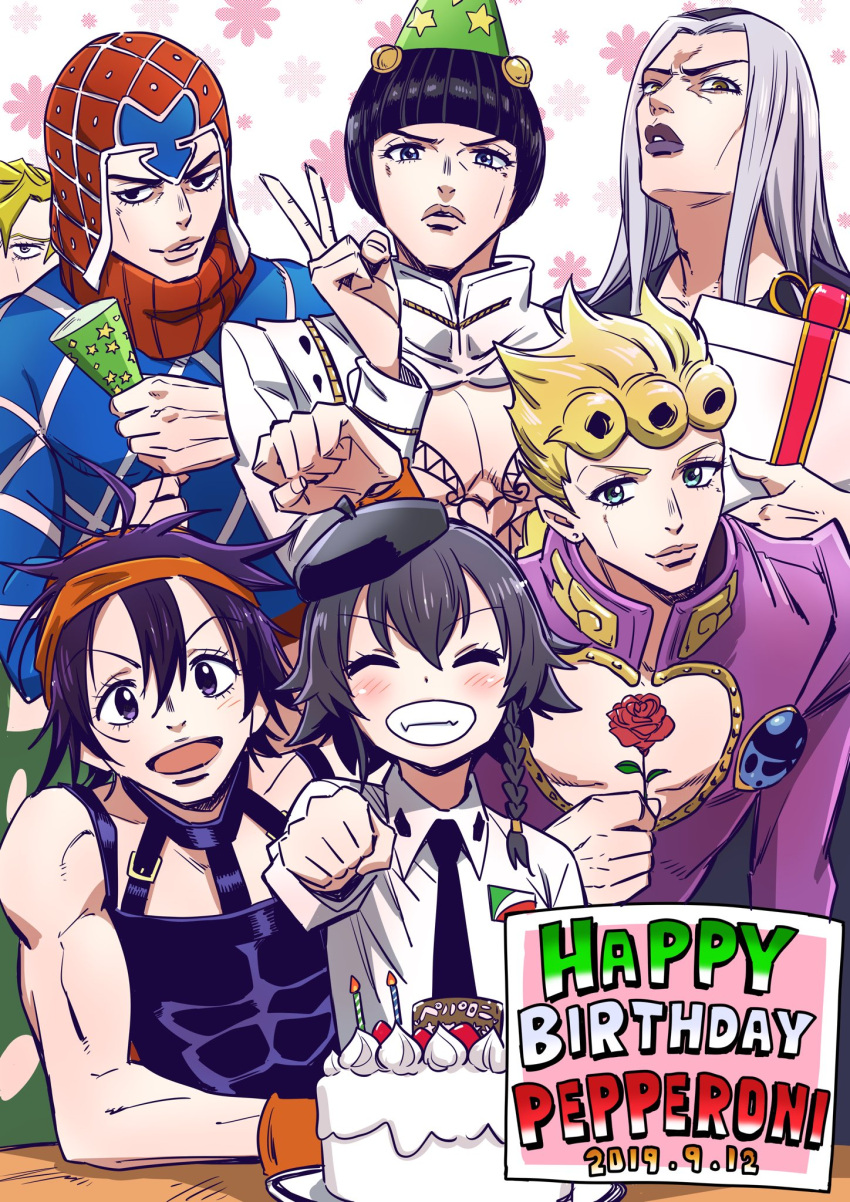 1girl 6+boys anzio_school_uniform bangs beret birthday_cake black_eyes black_hair black_headwear black_neckwear black_shirt blonde_hair blue_eyes blue_shirt blunt_bangs blush bob_cut braid bruno_buccellati bug cake character_name chest clenched_hand closed_eyes closed_mouth commentary crossover dated dress_shirt emblem english_text eyebrows_visible_through_hair facing_viewer floral_background flower food gift giorno_giovanna girls_und_panzer grin guido_mista happy_birthday hat headband high_collar highres holding holding_flower holding_gift hone_(honehone083) insect jacket jojo_no_kimyou_na_bouken ladybug leaning_forward leone_abbacchio long_hair long_sleeves looking_at_viewer multiple_boys narancia_ghirga necktie open_mouth orange_headband orange_wristband pannacotta_fugo party_hat pepperoni_(girls_und_panzer) purple_jacket red_flower red_headwear red_rose rose school_uniform sharp_teeth shirt short_hair side_braid silver_hair sitting sleeveless sleeveless_shirt smile standing teeth v vento_aureo white_jacket white_shirt wristband