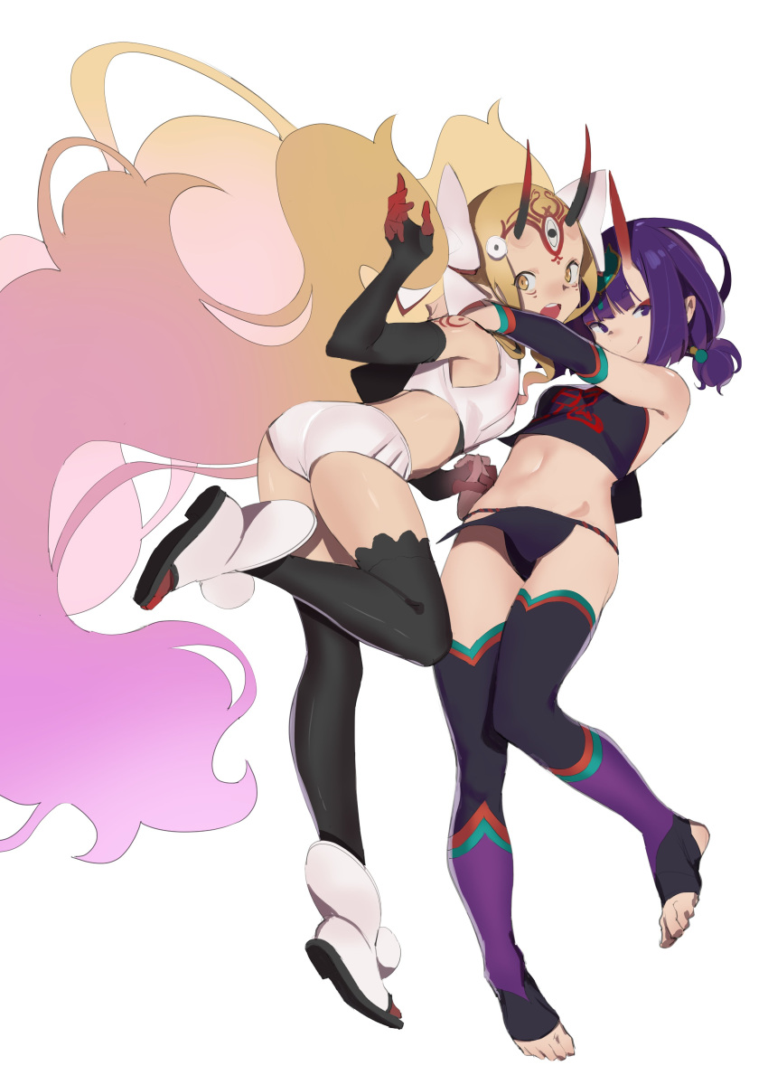 2girls absurdres ass bangs bare_shoulders bikini black_fundoshi black_gloves black_legwear blonde_hair blush bow breasts chinese_clothes detached_sleeves dudou earrings elbow_gloves eyeliner facial_mark fate/grand_order fate_(series) fingerless_gloves forehead_jewel forehead_mark full_body fundoshi gloves gradient_hair hair_bow headpiece highres holding_hands horns hug ibaraki_douji_(fate/grand_order) ibaraki_douji_(swimsuit_lancer)_(fate) interlocked_fingers japanese_clothes jewelry jikatarou long_hair looking_at_viewer low_twintails makeup multicolored_hair multiple_girls navel oni oni_horns open_mouth pointy_ears purple_hair short_eyebrows short_hair short_twintails shuten_douji_(fate/grand_order) shuten_douji_(halloween_caster)_(fate) simple_background smile swimsuit tattoo thigh-highs toeless_legwear twintails very_long_hair violet_eyes white_background white_bikini white_bow white_footwear