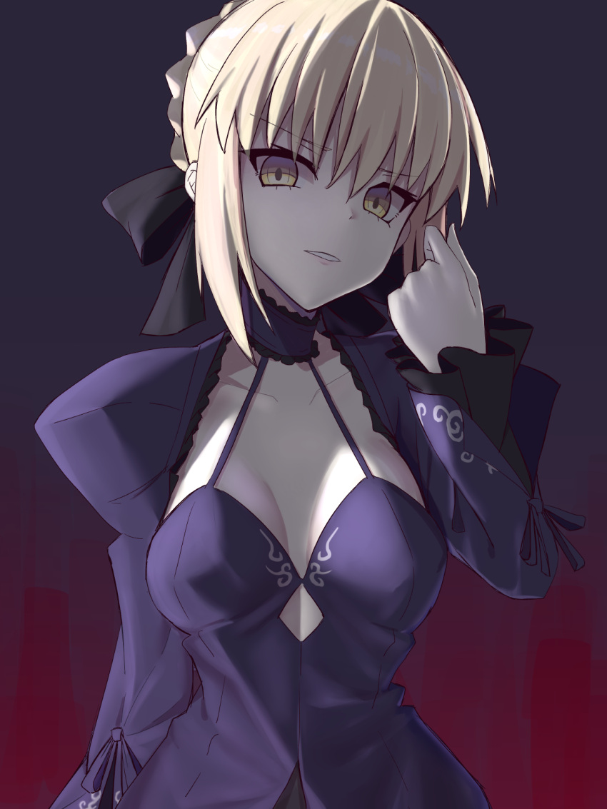 1girl artoria_pendragon_(all) black_dress black_ribbon blonde_hair braid breasts collarbone commentary_request dress elfenlied22 eyebrows_visible_through_hair fate/grand_order fate/stay_night fate_(series) hair_ribbon highres long_sleeves looking_at_viewer medium_breasts ribbon saber_alter short_hair simple_background solo yellow_eyes