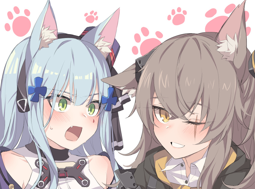 2girls animal_ear_fluff animal_ears bangs blue_hair blush brown_eyes brown_hair cat_ears eyebrows_visible_through_hair facial_mark fang girls_frontline hair_between_eyes hair_ornament hat headgear highres hk416_(girls_frontline) jingo long_hair looking_at_viewer mechanical_arm mini_hat mod3_(girls_frontline) multiple_girls off_shoulder one-eyed one_side_up open_mouth parted_lips scar scar_across_eye shirt sleeveless smile sweat teardrop tsurime ump45_(girls_frontline) upper_body