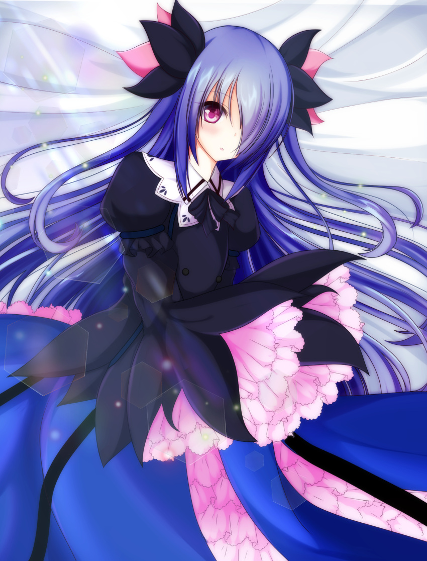 1girl black_dress blue_dress blue_hair bow dress frills hair_bow hair_over_one_eye highres hydreigon lens_flare long_hair long_sleeves looking_at_viewer naiki_karin personification pink_eyes pokemon puffy_long_sleeves puffy_sleeves solo two-tone_dress very_long_hair wide_sleeves