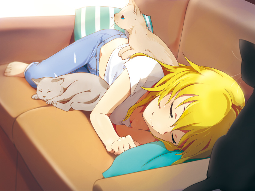 1girl ahoge blonde_hair cat commentary_request couch denim hair_between_eyes highres hoshii_miki idolmaster idolmaster_cinderella_girls jeans long_hair lying neji_(nezi_hs) on_couch on_side pants shirt sleeping smile solo white_shirt