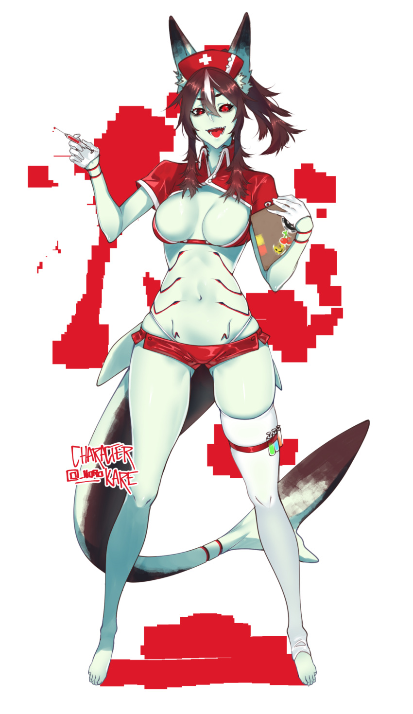 1girl :d animal_ears barefoot breasts brown_hair clipboard full_body gloves hair_between_eyes hat highres long_hair looking_at_viewer micro_shorts navel nurse_cap open_mouth original ponytail red_eyes shark_fin shark_girl shark_tail sharp_teeth shorts single_thighhigh skelefuku smile solo syringe teeth thigh-highs thigh_strap thong white_gloves white_hair white_legwear