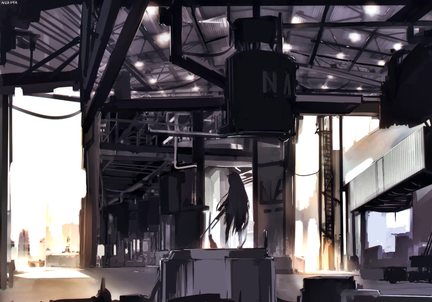 1girl accuracy_international animal animal_ears awp_(girls_frontline)_(dyolf) black_hair building cat cat_ears cat_tail commentary_request day dress dyolf facing_away girls_frontline gun headphones highres holding holding_gun holding_weapon indoors long_hair original revision rifle scenery scope signature sniper_rifle solo standing sunlight tail very_long_hair weapon wide_shot
