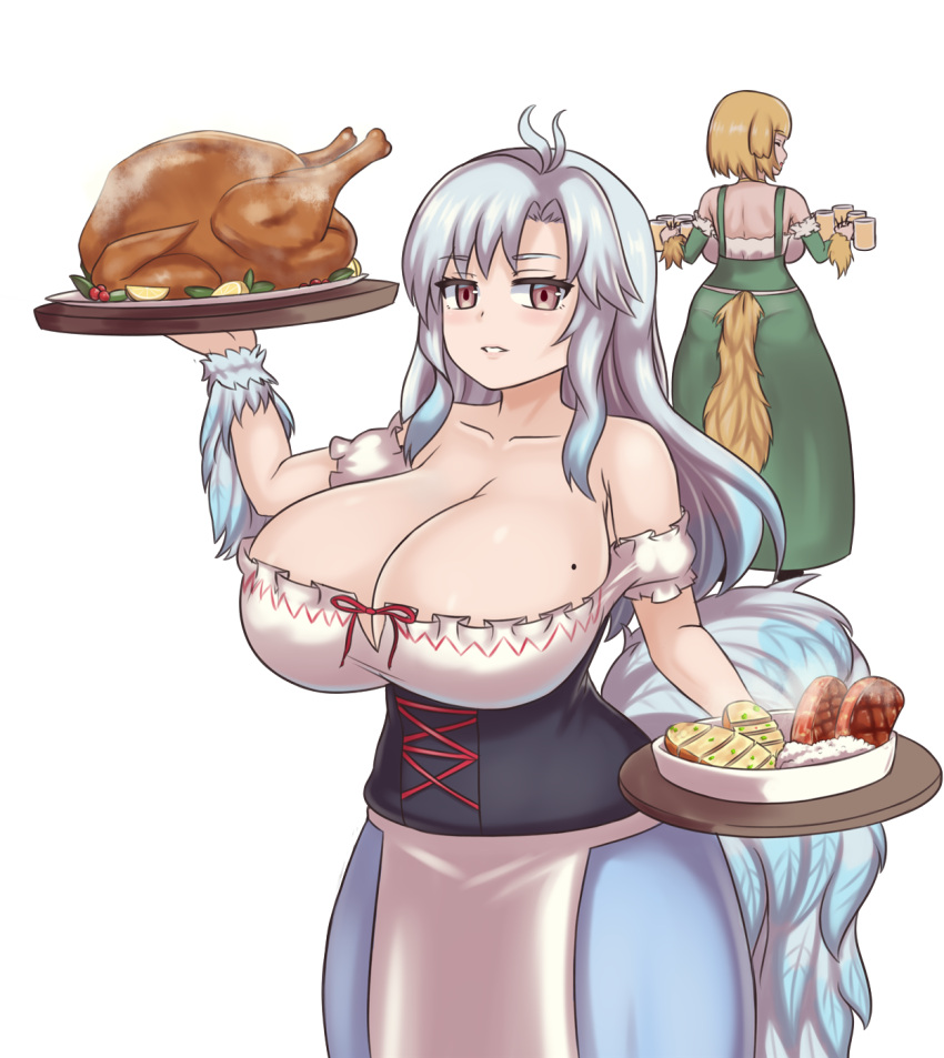 2girls bare_shoulders blonde_hair blue_hair breasts brown_eyes chicken_(food) collarbone commentary commission eyebrows_visible_through_hair food highres holding holding_tray huge_breasts kikimora_(monster_girl_encyclopedia) long_hair mole mole_on_breast monster_girl_encyclopedia multiple_girls nav simple_background solo_focus steam tail tail_feathers tray white_background