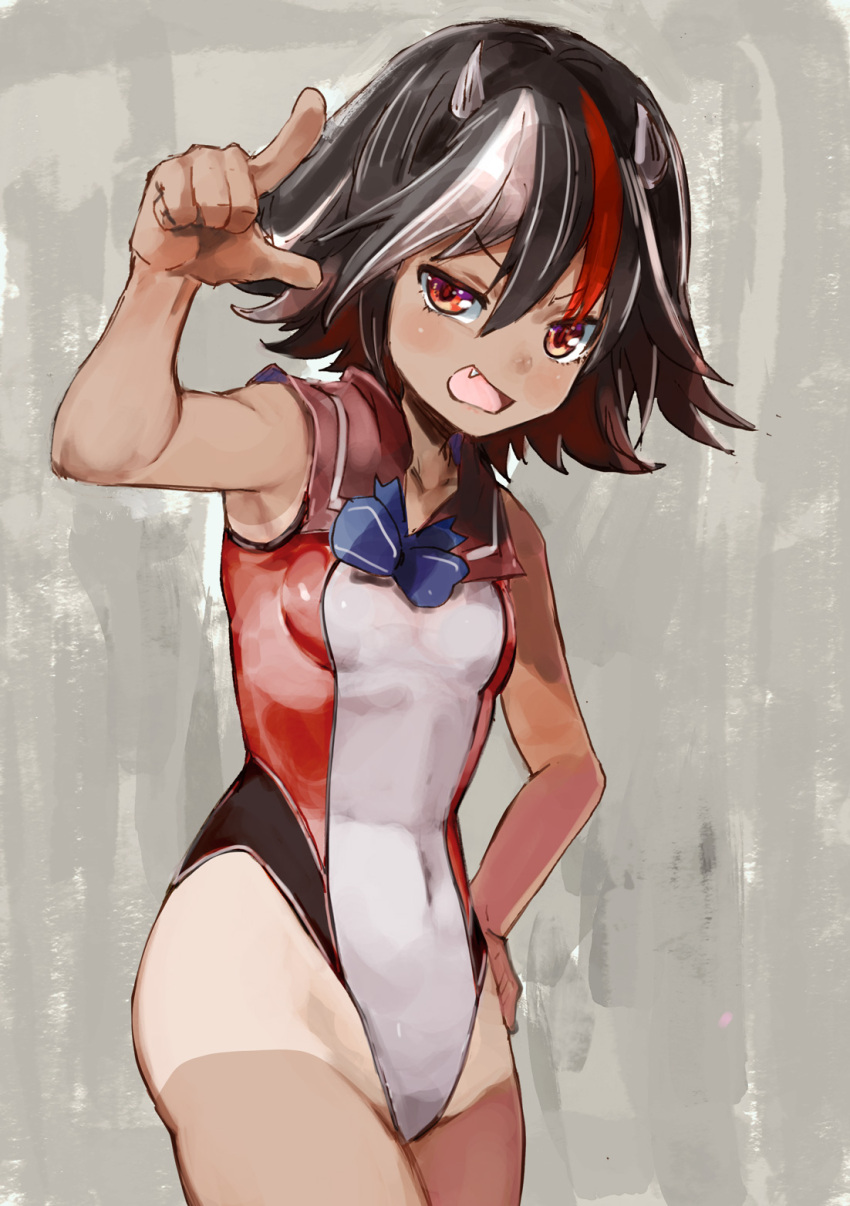 1girl armpit_peek ass black_hair blue_bow blue_neckwear bow breasts brown_hair brown_sailor_collar brown_swimsuit commentary_request covered_navel cowboy_shot eyebrows_visible_through_hair fang hair_between_eyes hand_on_hip highleg highleg_swimsuit highres horns kijin_seija looking_at_viewer multicolored multicolored_clothes multicolored_hair multicolored_swimsuit one-piece_swimsuit open_mouth pointing red_eyes red_sailor_collar red_swimsuit redhead sailor_collar sailor_one-piece_swimsuit short_hair small_breasts smile smug solo streaked_hair swimsuit tan tanline touhou v-shaped_eyebrows white_hair white_swimsuit yohane