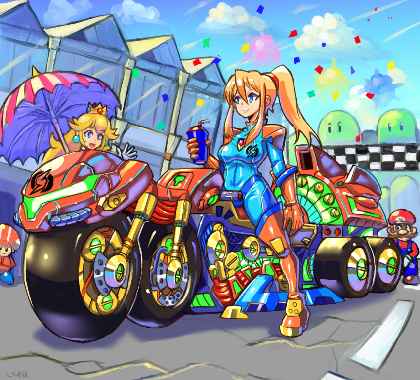 1boy 1other 2girls adapted_costume blue_earrings blue_eyes boots breasts commentary_request confetti crown cup disposable_cup drinking_straw facial_hair gem gloves ground_vehicle hair_ornament hair_scrunchie high_ponytail highres holding holding_cup hunter-class_gunship mario super_mario_bros. mario_kart medium_breasts metroid motor_vehicle motorcycle multiple_girls mustache nintendo oomasa_teikoku orange_footwear orange_gloves parasol princess_peach racetrack samus_aran scrunchie shoulder_pads sidelocks skin_tight solo_focus thigh-highs thigh_boots toad umbrella varia_suit waving white_gloves zero_suit