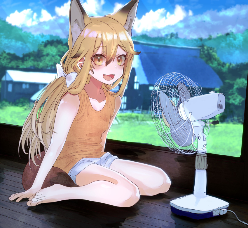 1girl absurdres animal_ears arm_support black_hair blush bow brown_eyes brown_hair collarbone day electric_fan eyebrows_visible_through_hair ezo_red_fox_(kemono_friends) fang fox_ears hair_bow highres kemono_friends long_hair looking_at_viewer multicolored_hair open_mouth ponta_(matsuokazieg) sitting sleeveless smile solo two-tone_hair very_long_hair wariza white_bow