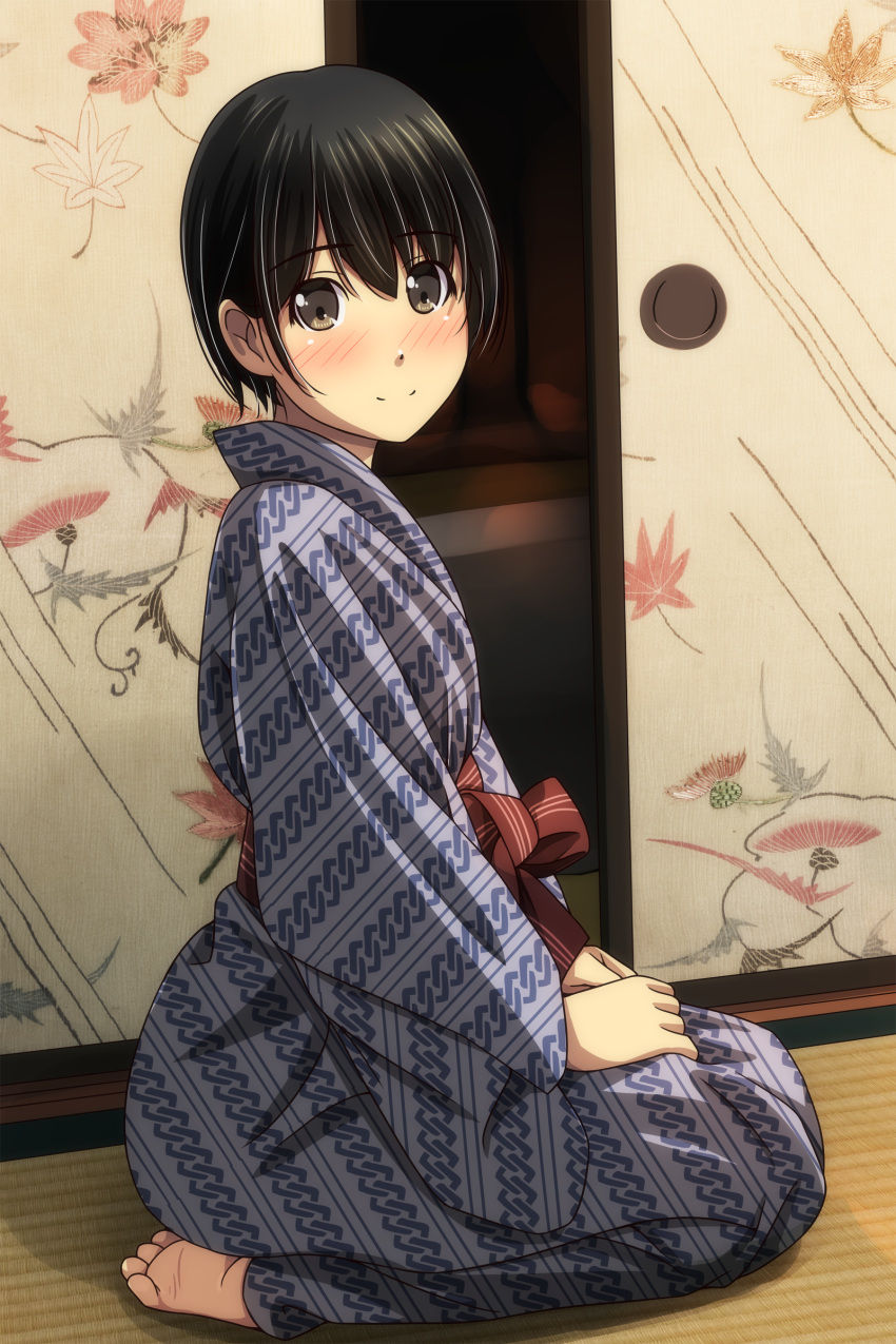 1girl absurdres bangs barefoot black_hair blush bow brown_eyes closed_mouth eyebrows_visible_through_hair full_body grey_kimono hair_between_eyes highres indoors japanese_clothes kimono long_sleeves looking_at_viewer looking_to_the_side matsunaga_kouyou obi on_floor original red_bow sash seiza short_hair sitting sliding_doors smile soles solo tatami