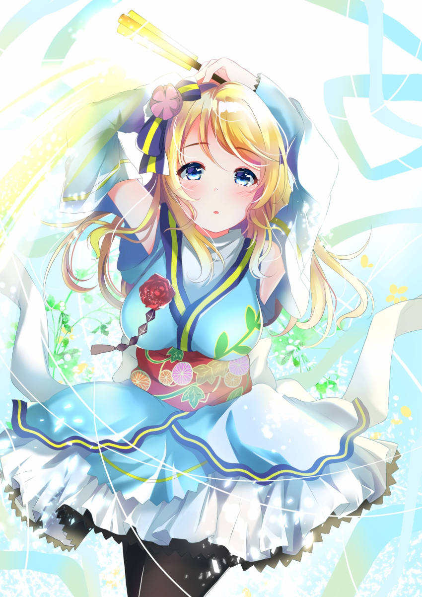 1girl angelic_angel ayase_eli bangs birthday blonde_hair blue_eyes breasts commentary_request depe detached_sleeves eyebrows_visible_through_hair fan floral_print flower hair_down hair_ornament highres japanese_clothes kimono looking_at_viewer love_live! love_live!_school_idol_project love_live!_the_school_idol_movie medium_breasts pantyhose rose shiny shiny_hair sidelocks solo