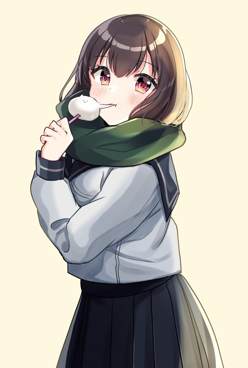 1girl :t bangs beige_background black_sailor_collar black_skirt blush brown_hair closed_mouth commentary_request eating eyebrows_visible_through_hair food green_scarf hair_between_eyes highres holding holding_food long_sleeves looking_at_viewer looking_to_the_side minami_saki original pleated_skirt red_eyes sailor_collar scarf school_uniform serafuku shirt simple_background skirt solo white_shirt