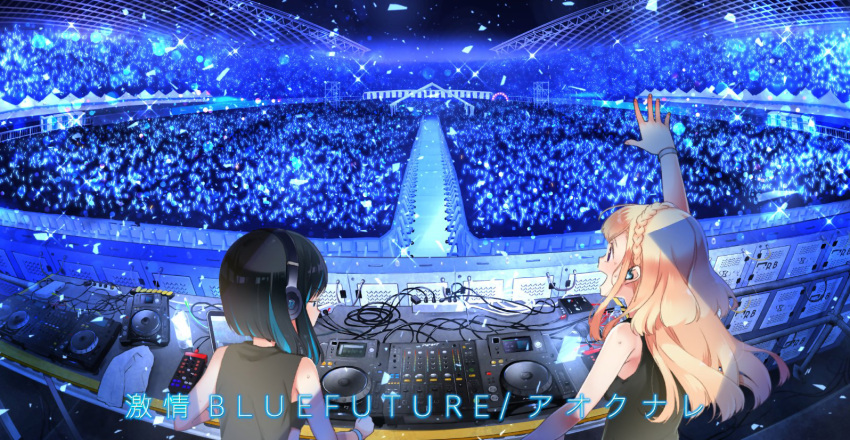 2girls arm_up audience black_hair black_tank_top blood blue_hair concert confetti dj earphones headphones koruri liverevolt long_hair mixing_console multicolored_hair multiple_girls official_art outstretched_arm phonograph seto_marine shizaki_chris stadium stage tank_top third-party_edit turntable two-tone_hair upper_body