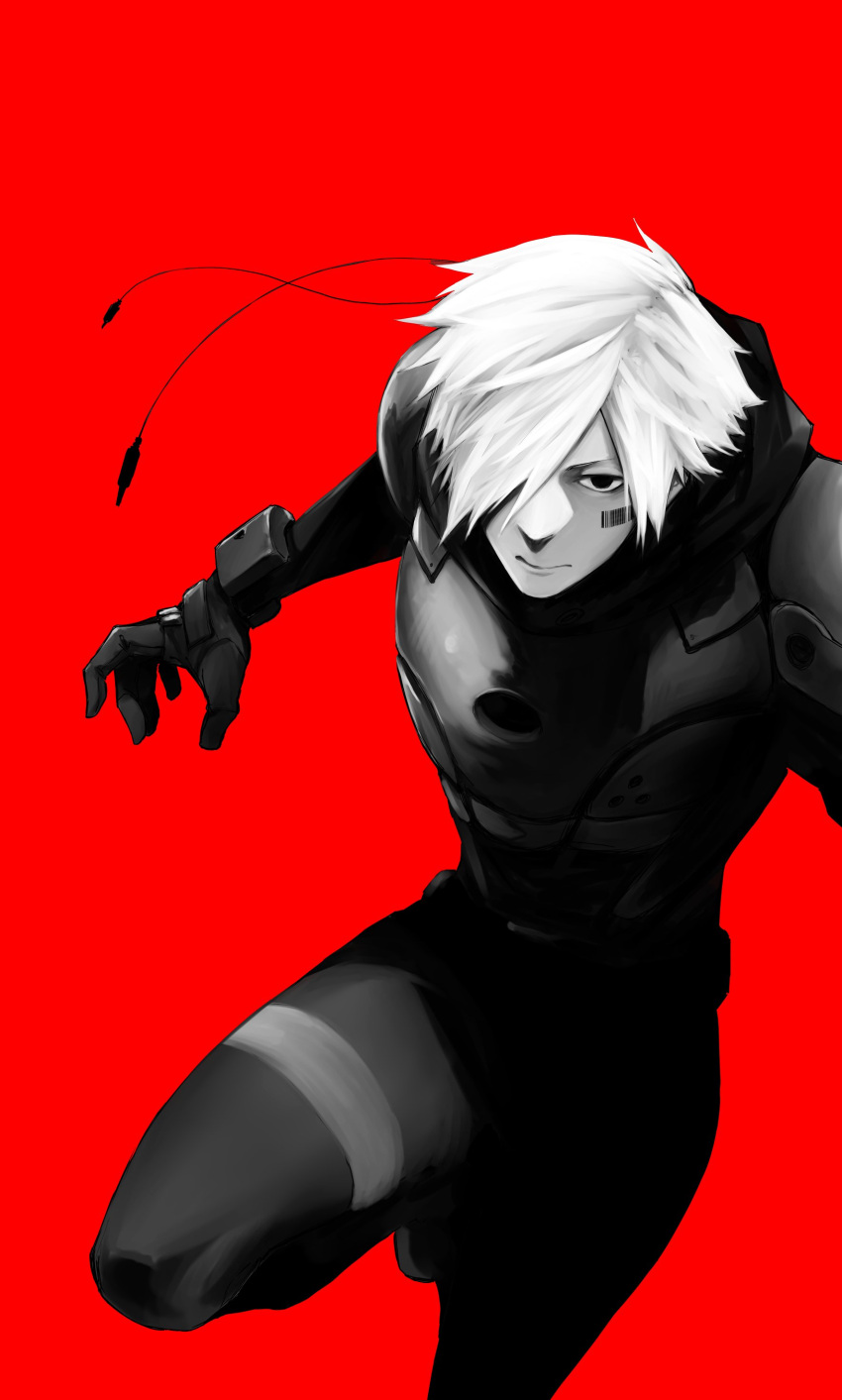 absurdres armor barcode barcode_tattoo black_eyes black_gloves closed_mouth gloves greyscale hair_over_one_eye heart_gear highres male_focus monochrome pauldrons red_background simple_background tattoo tsuyoshi_takaki white_hair