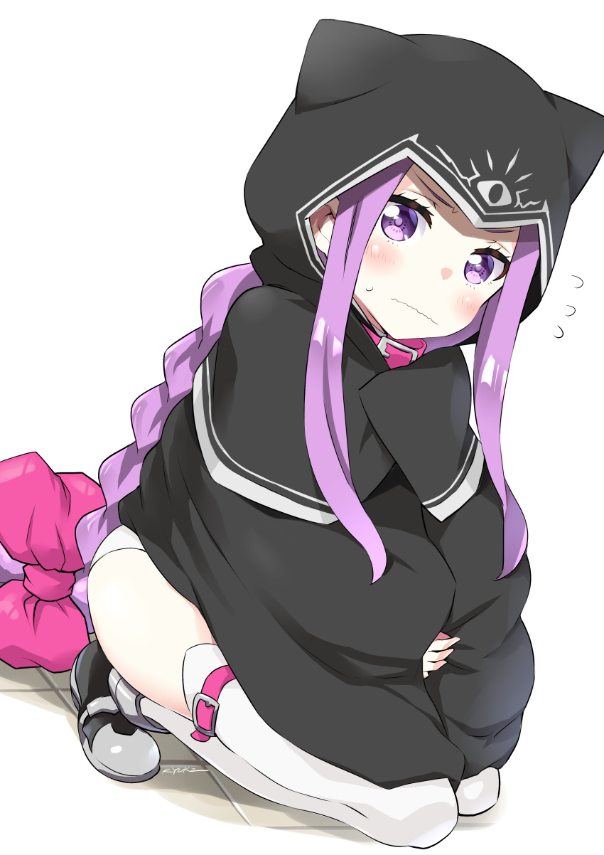 1girl absurdres animal_ears animal_hood black_cloak black_footwear blush bow braid cloak closed_mouth collar commentary_request fake_animal_ears fate/grand_order fate_(series) flying_sweatdrops full_body hair_bow highres hood hood_up hooded_cloak kneeling long_hair looking_at_viewer medusa_(lancer)_(fate) pink_bow pink_collar purple_hair rider ryuki_(ryukisukune) sidelocks signature solo sweat thigh-highs very_long_hair violet_eyes wavy_mouth white_background white_legwear