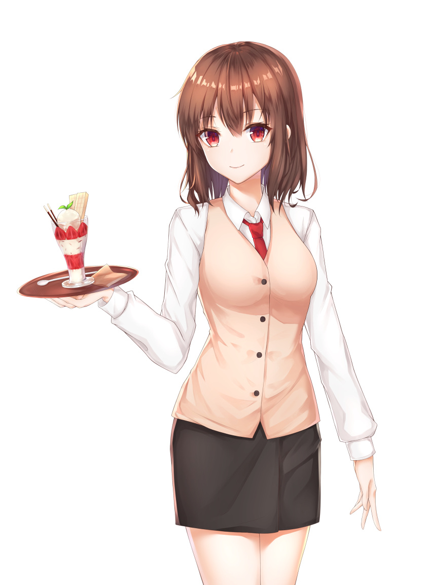 1girl absurdres bangs breasts brown_eyes brown_hair commentary_request eyebrows_visible_through_hair gyungsin hair_between_eyes highres holding holding_plate ice long_sleeves looking_at_viewer medium_breasts medium_hair necktie original partial_commentary pencil_skirt plate red_neckwear serving shirt simple_background skirt smile solo spoon white_background white_shirt