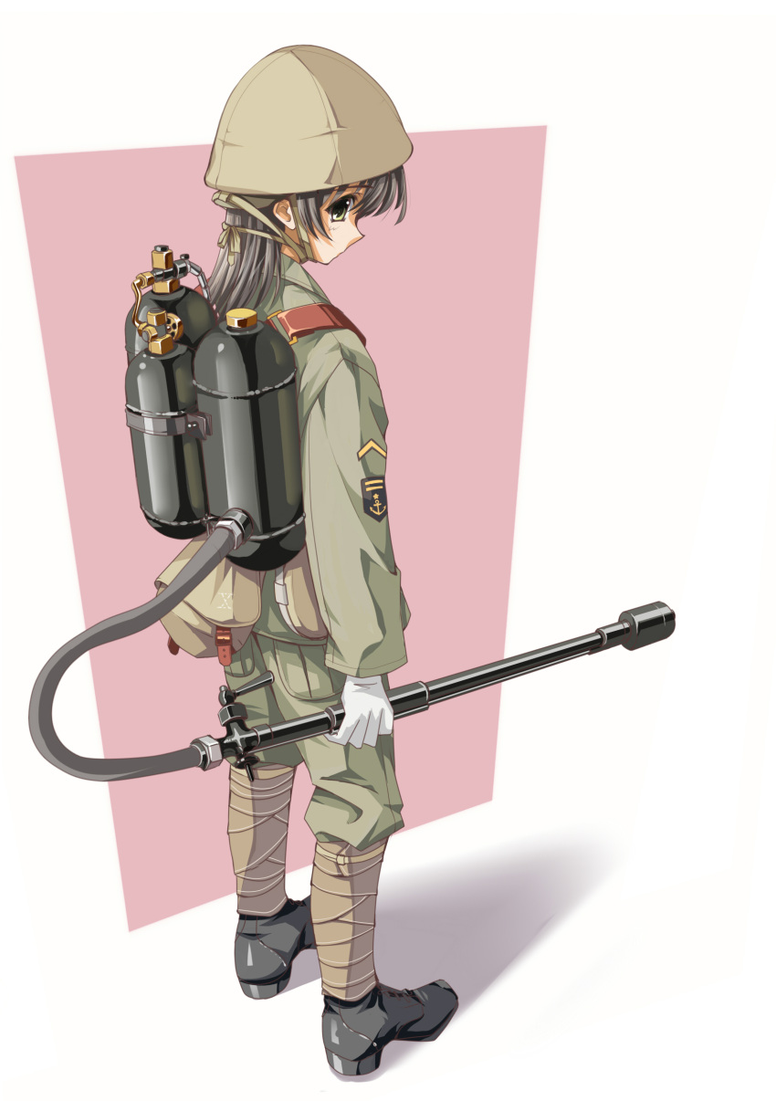 1girl absurdres ankle_boots black_hair boots flamethrower from_behind green_eyes helmet highres imperial_japanese_navy leg_wrap long_hair longmei_er_de_tuzi looking_at_viewer looking_back military military_uniform original shadow simple_background solo uniform weapon world_war_ii