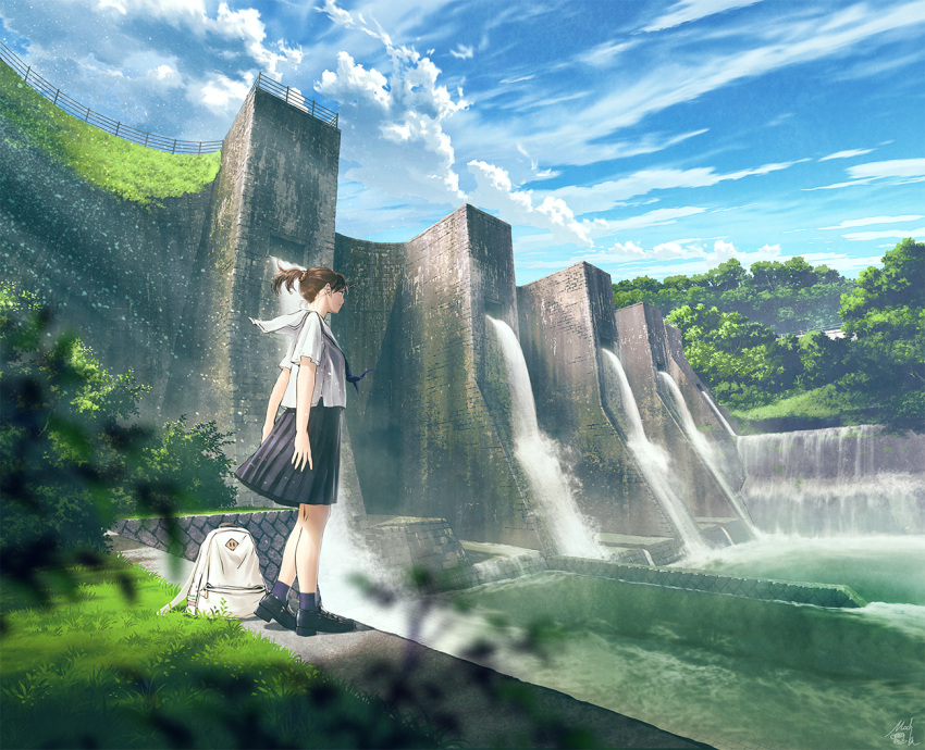 1girl arms_at_sides backpack backpack_removed bag black_footwear black_skirt blue_sky blurry blurry_foreground brown_hair canal clouds cloudy_sky commentary_request dam day depth_of_field from_side grass loafers long_hair looking_away mocha_(cotton) neckerchief original outdoors pleated_skirt ponytail scenery school_uniform serafuku shirt shoes short_ponytail short_sleeves signature skirt sky socks solo standing sunlight tree water white_shirt wide_shot wind