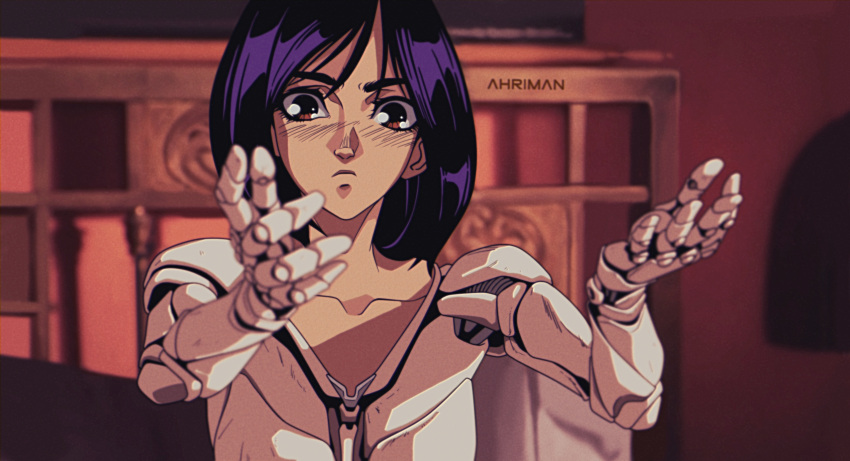 1girl 80s alita:_battle_angel artist_name bed black_hair blurry_foreground brown_eyes collarbone cyberpunk cyborg dmitry_grozov foreshortening frown gally gunnm highres mechanical_arms oldschool outstretched_arms russian_commentary short_hair solo upper_body watermark