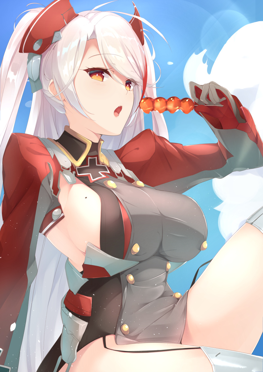 1girl absurdres antenna_hair azur_lane bangs black_gloves blush breasts brown_eyes buttons commentary_request dango eyebrows_visible_through_hair food gloves hair_between_eyes hakoniwa-boxer headgear highres holding holding_food iron_cross knee_up large_breasts long_hair long_sleeves looking_at_viewer mitarashi_dango mole mole_on_breast multicolored_hair open_mouth prinz_eugen_(azur_lane) redhead sideboob silver_hair sitting sky streaked_hair swept_bangs thigh-highs thighs two_side_up very_long_hair wagashi