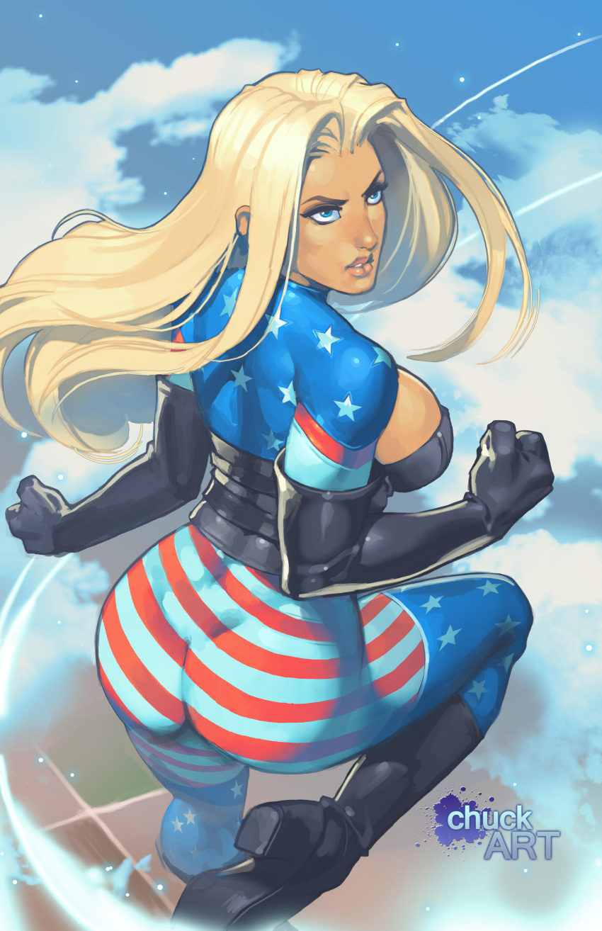 1girl absurdres american_flag artist_logo ass black_footwear black_gloves blonde_hair blue_eyes blue_legwear bodysuit boots breasts bustier chuck_pires clenched_hands commentary elbow_gloves english_commentary flag_print flying from_behind gloves highres knee_boots large_breasts leg_up lips long_hair mount_olympus_comics nose patriotika sideboob skin_tight solo superhero thighhighs_under_boots