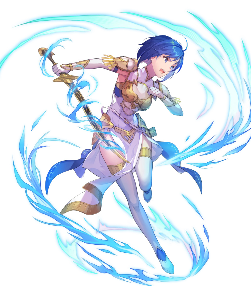 1girl arm_guards armor bangs blue_eyes blue_hair boots breastplate catria_(fire_emblem) dress elbow_gloves fire_emblem fire_emblem:_mystery_of_the_emblem fire_emblem_echoes:_shadows_of_valentia fire_emblem_heroes full_body gloves headband highres kakage short_hair shoulder_pads solo sword thigh-highs thigh_boots weapon white_footwear