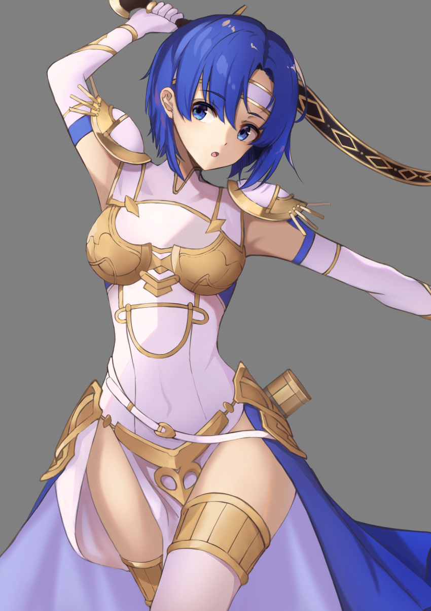 +5cm 1girl :o absurdres arm_up armpits bangs blue_eyes blue_hair breastplate breasts catria_(fire_emblem) covered_navel cowboy_shot dress elbow_gloves eyebrows_visible_through_hair faulds fire_emblem fire_emblem_heroes gloves grey_background head_tilt highres holding holding_sword holding_weapon looking_at_viewer medium_breasts open_mouth outstretched_arm parted_bangs pauldrons pelvic_curtain short_hair shoulder_armor simple_background solo sword thigh-highs thighs waist_cape weapon white_dress white_gloves white_legwear