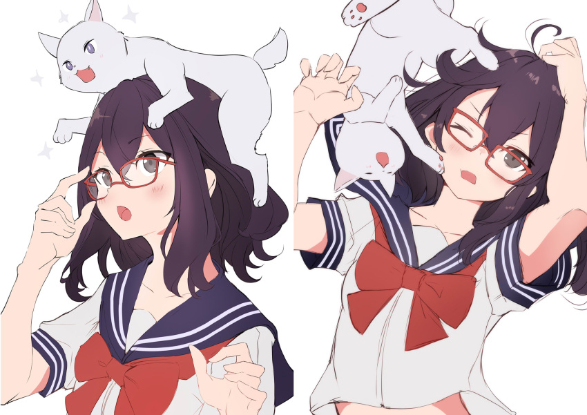 1girl :o animal animal_on_head arms_up black_eyes bow bowtie cat commentary_request fuku_kitsune_(fuku_fox) glasses hand_on_eyewear hand_up highres looking_at_viewer medium_hair messy_hair midriff_peek multiple_views on_head one_eye_closed open_mouth original purple_hair red-framed_eyewear sailor_collar school_uniform serafuku shirt short_sleeves sidelocks v-shaped_eyebrows white_shirt