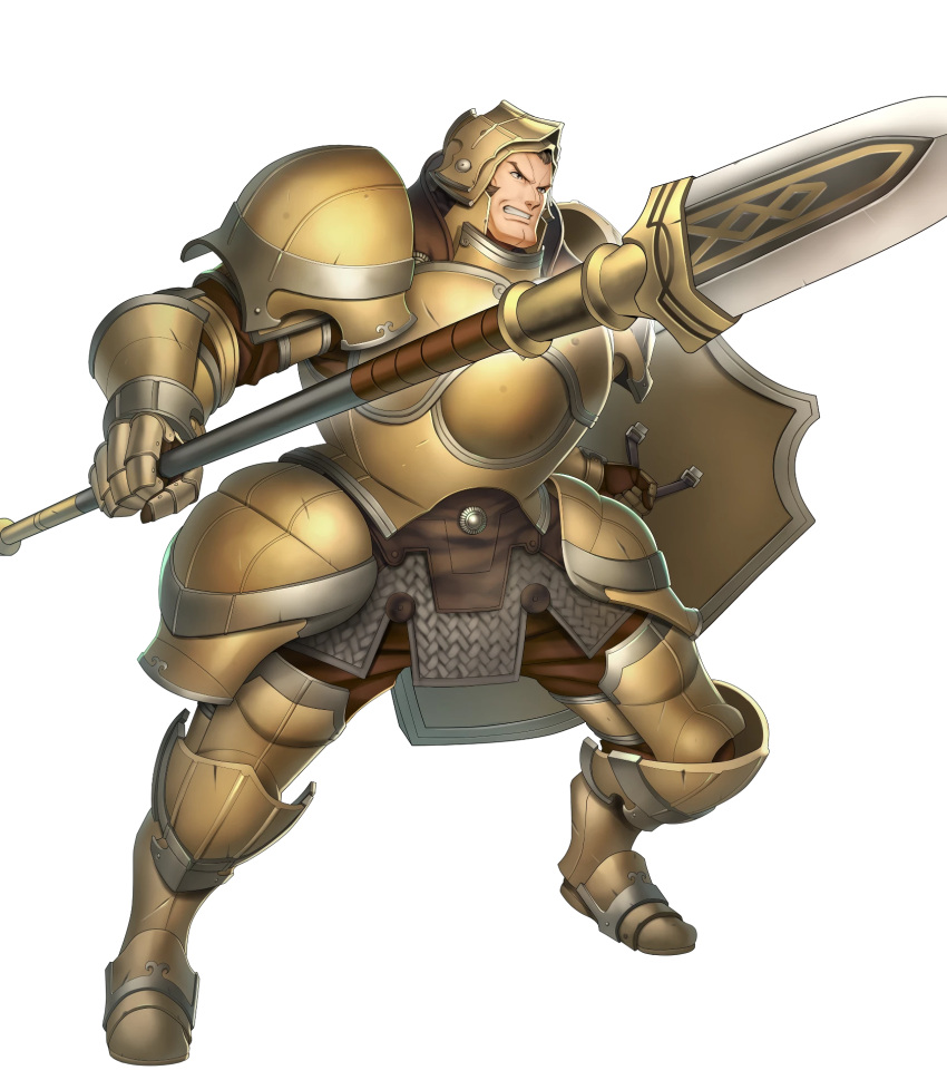 1boy armor armored_boots boots brown_eyes brown_hair fire_emblem fire_emblem_echoes:_shadows_of_valentia fire_emblem_heroes full_body gloves helmet highres male_focus official_art polearm shield solo spear teeth transparent_background valbar_(fire_emblem) weapon