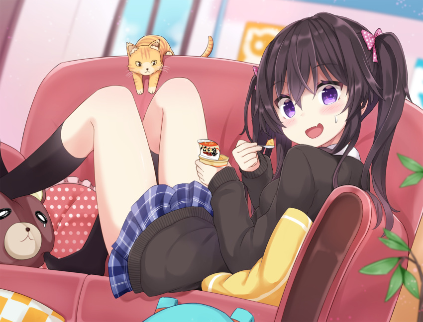 0_0 1girl :d animal bangs black_legwear black_sweater blue_skirt blurry blurry_background blush bow cat commentary_request couch eating eyebrows_visible_through_hair fang from_side hair_bow holding holding_spoon indoors kneehighs long_hair long_sleeves looking_at_viewer looking_to_the_side lying miniskirt on_back on_couch open_mouth original pink_bow plaid plaid_skirt pleated_skirt polka_dot polka_dot_bow polka_dot_pillow shuuichi_(gothics) sidelocks skin_fang skirt smile solo spoon stuffed_animal stuffed_toy sweat sweater teddy_bear twintails violet_eyes yogurt