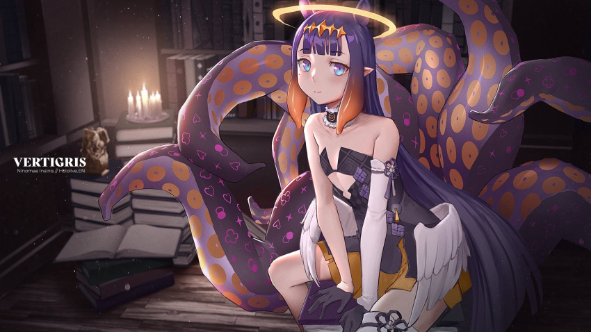 1girl artist_name asymmetrical_sleeves bangs bare_shoulders blue_eyes blunt_bangs book book_stack candle eyebrows_visible_through_hair feathered_wings flat_chest glowing halo highres hololive hololive_english long_hair looking_at_viewer ninomae_ina'nis pointy_ears solo tentacles vertigris virtual_youtuber white_wings wings