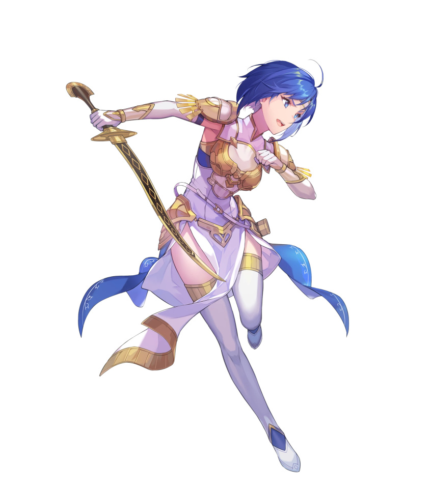 1girl arm_guards armor bangs blue_eyes blue_hair boots breastplate catria_(fire_emblem) dress elbow_gloves fire_emblem fire_emblem:_mystery_of_the_emblem fire_emblem_echoes:_shadows_of_valentia fire_emblem_heroes full_body gloves headband highres kakage short_hair shoulder_pads solo sword thigh-highs thigh_boots weapon white_footwear