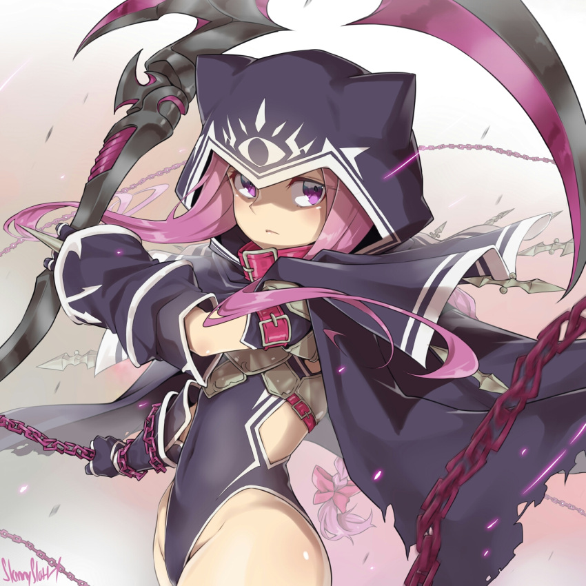 1girl arm_warmers armor black_cape black_capelet black_gloves black_leotard braid breastplate cape capelet chain collar covered_navel elbow_gloves expressionless fate/grand_order fate_(series) gloves groin highleg highleg_leotard highres hood leotard long_braid long_hair medusa_(lancer)_(fate) ponytail purple_hair scythe shaded_face solo upper_body very_long_hair violet_eyes weapon