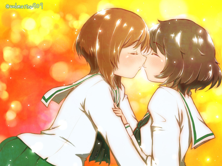 2girls akiyama_yukari backlighting bangs black_neckwear blouse blush brown_eyes brown_hair closed_eyes commentary eyebrows_visible_through_hair girls_und_panzer green_skirt highres imminent_kiss katsuragi_(webmaster909) leaning_back leaning_forward light_particles long_sleeves messy_hair multicolored multicolored_background multiple_girls neckerchief nishizumi_miho ooarai_school_uniform orange_background pleated_skirt school_uniform serafuku short_hair skirt twitter_username white_blouse yellow_background yuri