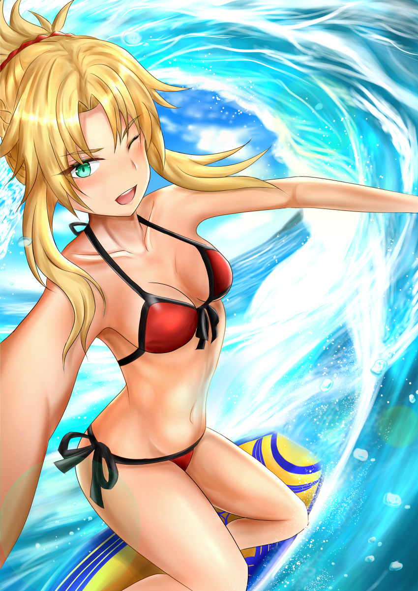 1girl :d absurdres akizuki_(mizudorif) bikini blonde_hair blush breasts commentary_request day fate/grand_order fate_(series) front-tie_bikini front-tie_top green_eyes hair_ornament hair_scrunchie highres huge_filesize looking_at_viewer mordred_(fate)_(all) mordred_(swimsuit_rider)_(fate) ocean one_eye_closed open_mouth prydwen red_bikini red_scrunchie scrunchie short_hair_with_long_locks side-tie_bikini small_breasts smile solo surfboard swimsuit waves