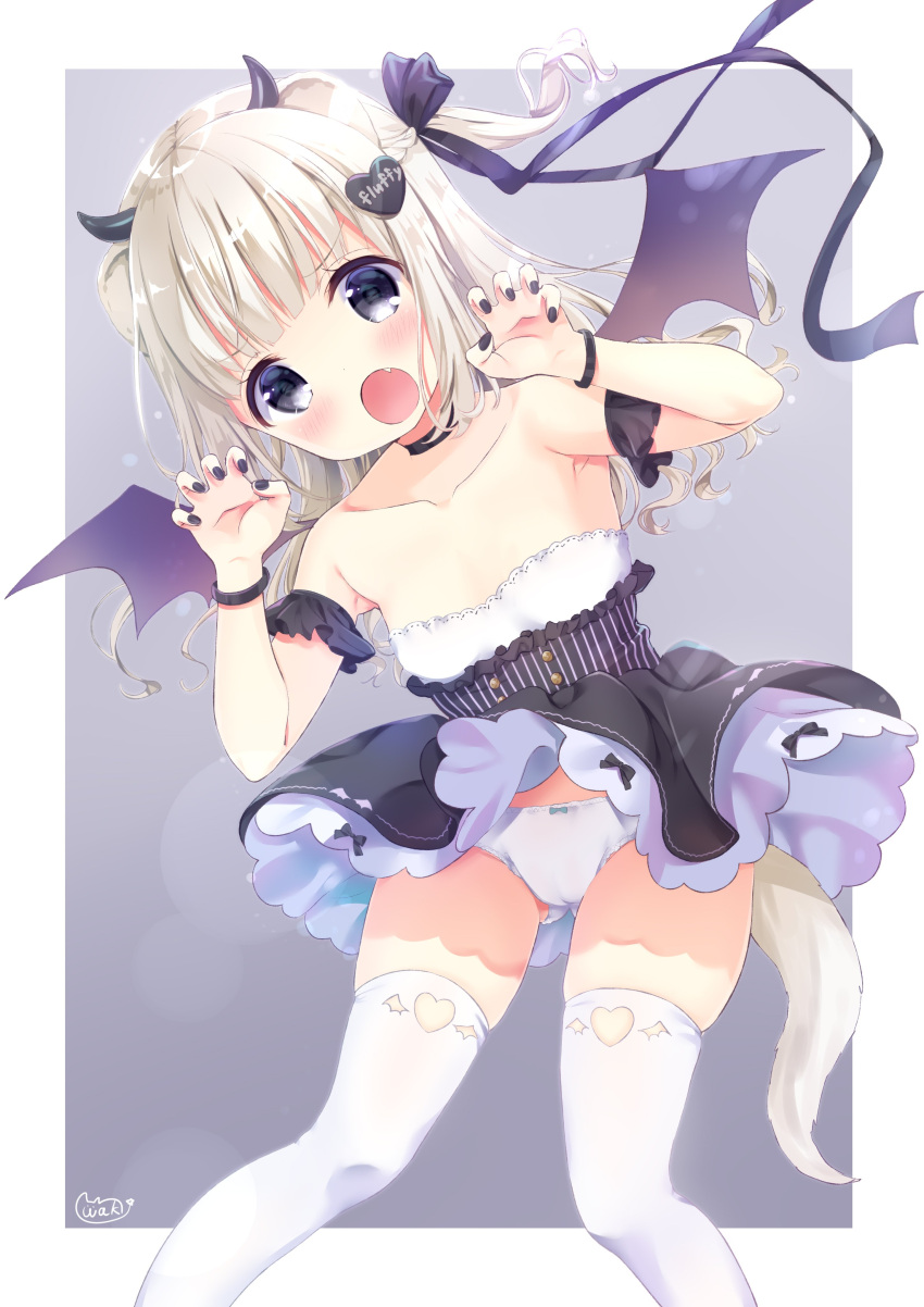 1girl :o absurdres animal_ears ass_visible_through_thighs bangs bare_shoulders black_bow black_choker black_dress black_nails blush bow bow_panties braid breasts choker claw_pose collarbone commentary_request demon_girl demon_horns demon_wings dress eyebrows_visible_through_hair fang ferret_ears ferret_tail fingernails grey_background hair_bow hair_ornament heart heart_hair_ornament highres horns light_brown_hair long_hair looking_at_viewer nail_polish neki_(wakiko) open_mouth original panties purple_wings signature small_breasts solo strapless strapless_dress thigh-highs two-tone_background underwear white_background white_legwear white_panties wings