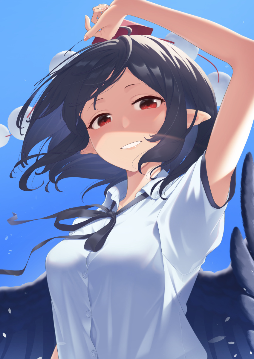 1girl absurdres arm_up bird_wings black_hair black_neckwear blue_sky breasts commentary day feathered_wings grin hair_blowing hat highres kanpa_(campagne_9) looking_at_viewer medium_breasts neck_ribbon outdoors pointy_ears pom_pom_(clothes) puffy_short_sleeves puffy_sleeves red_eyes red_headwear ribbon shaded_face shameimaru_aya shirt short_hair short_sleeves sky smile standing tokin_hat touhou upper_body white_shirt wind wings